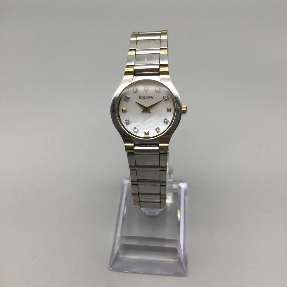 Bulova Womens Watch 25mm MOP Dial Two Tone Stainless Diamond New Battery 7.25